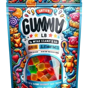 Stand up pouch filled with vegan gummies in a 1lb bag