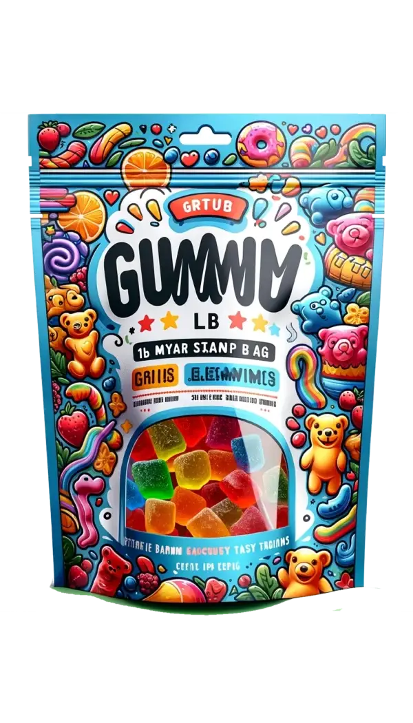 Stand up pouch filled with vegan gummies in a 1lb bag