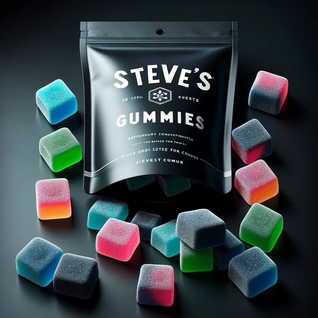 A sleek black pouch branded with 'Steve's Gummies' in elegant white lettering, holds an assortment of cube-shaped gummy candies.